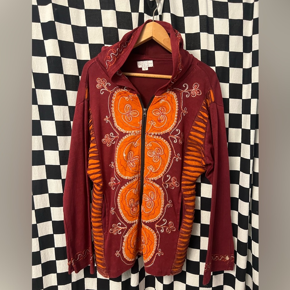 The Collection Royal Boho Embroidered Maroon and Orange Zip up